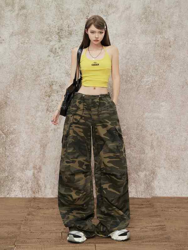 デニム レディース 迷彩柄 ワークパンツ 高見え ワイドレッグ ストレート 薄手 ウエスト調節 ドローストリング ロングパンツ