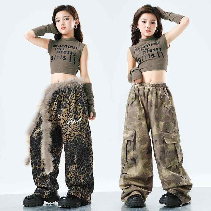 ダンス衣装 キッズ ガールズ ヒップホップ ジャズダンス 練習着 セットアップ へそ出し トップス 迷彩 パンツ 豹柄 スカート 春秋 舞台衣装 演出服