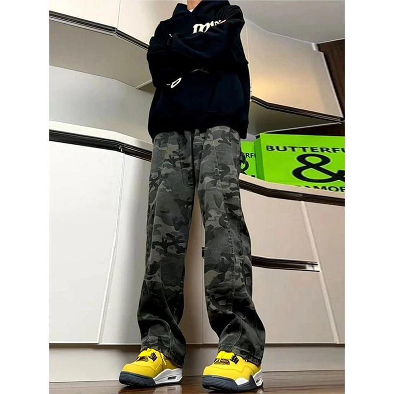デニム メンズ 迷彩柄 ワークパンツ ストレート カーゴパンツ ミリタリー ウォッシュ加工 コットン 伸縮性