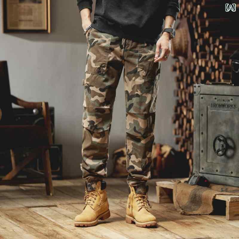 カーゴパンツ メンズ 男性用 薄手 伸縮性 ワークパンツ カジュアル ファッション ミリタリー 迷彩柄 デニム ロングパンツ カーキ グリーン グレー