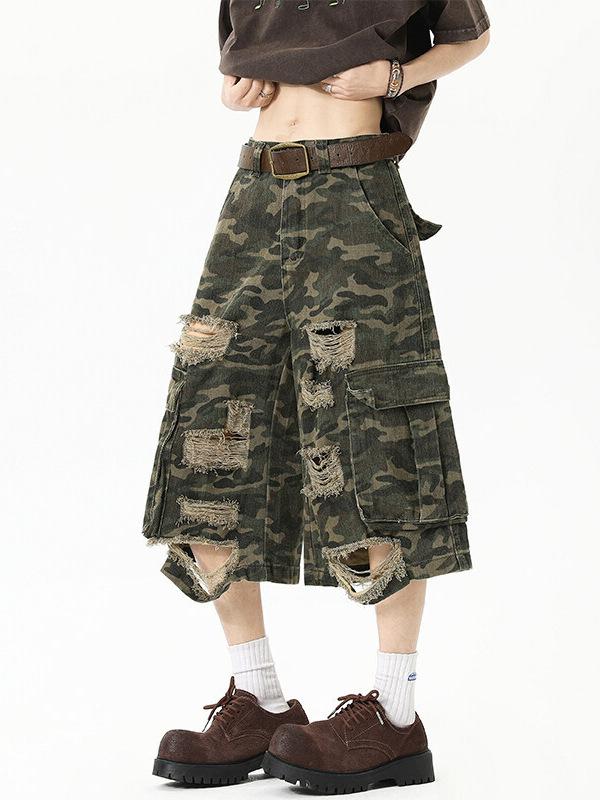 デニム メンズ 七分丈パンツ カーゴパンツ 迷彩柄 ワイドパンツ ゆったり 夏 高街 ミリタリー ウォッシュ加工