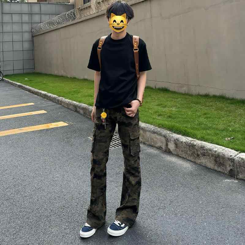 デニム メンズ 迷彩柄 ストレート カーゴパンツ ジーンズ Gパン ズボン ワークパンツ スリム 細身 薄手 コットン 綿 水洗い加工 カジュアル 春夏秋冬 S M L XL 2XL 3XL