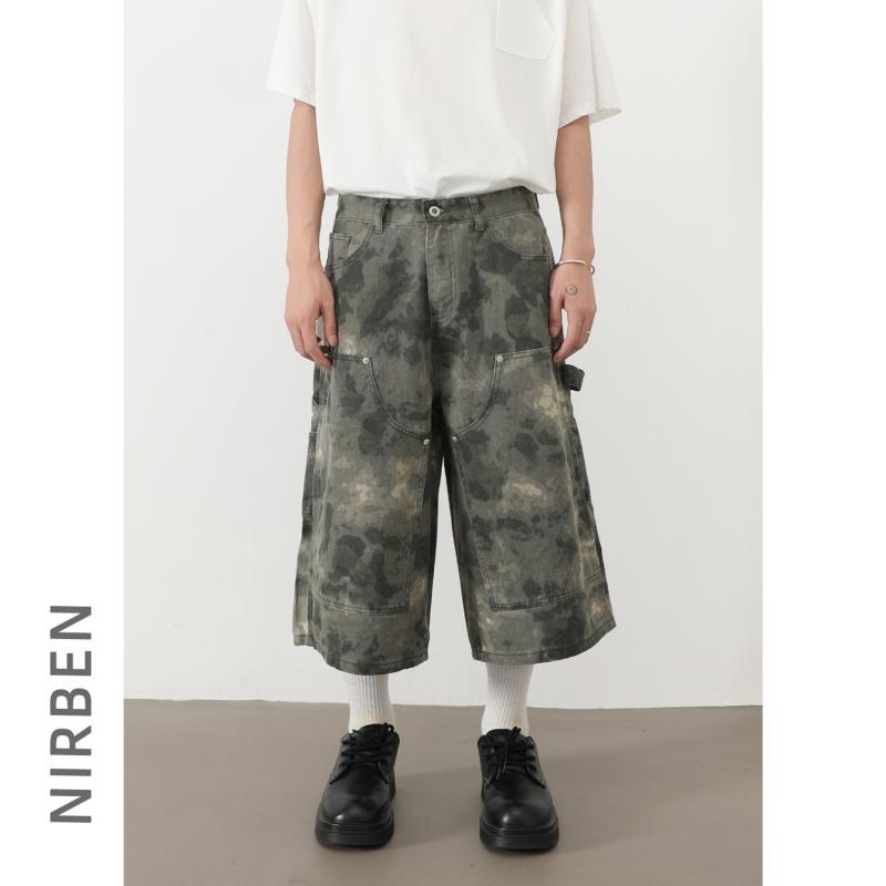 デニム メンズ 七分丈パンツ 迷彩柄 ミリタリー ワークパンツ ゆったり ストレート アメカジ 水洗加工 ウォッシュ加工 春夏