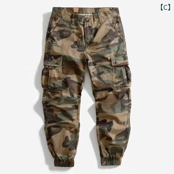工装パンツ メンズ 迷彩柄 カーゴパンツ ワークパンツ ルーズ ストレート コットン 綿100% 厚手 多ポケット ミリタリー アウトドア 秋冬