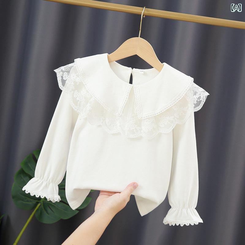 Tシャツ ガールズ 子供服 長袖 カットソー 綿 レース 花柄 フリル 襟付き 春秋 かわいい ガーリー トップス 白 ピンク