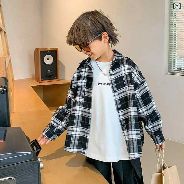 シャツ キッズ 男の子 韓国風 チェック柄 長袖 子供用 コットン ネルシャツ 普段着 通学着 90cm 100cm 110cm 120cm 130cm 140cm