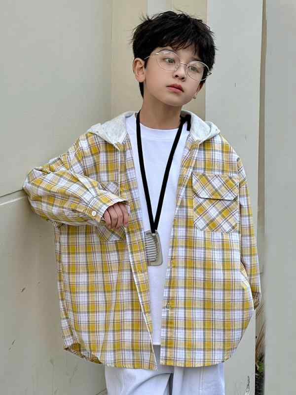 子供用シャツ 長袖 格子柄 フード付き 春秋 薄手 男の子 中学生 高校生 イエロー