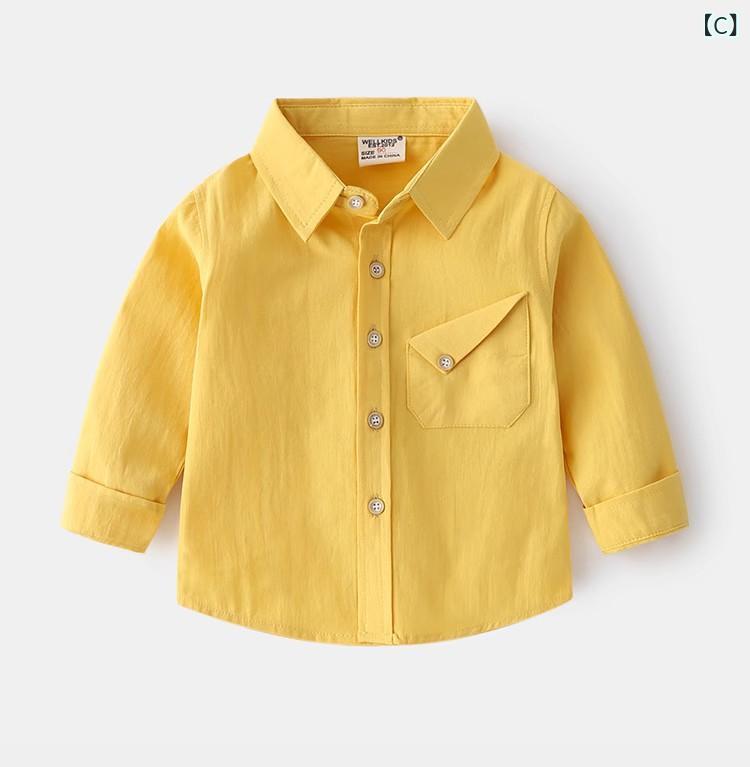 シャツ キッズ 男の子 子供服 無地 綿 長袖 襟付き トップス ブラウス 春秋 カジュアル 普段着 ホワイト グリーン イエロー ブルー パープル ピンク系