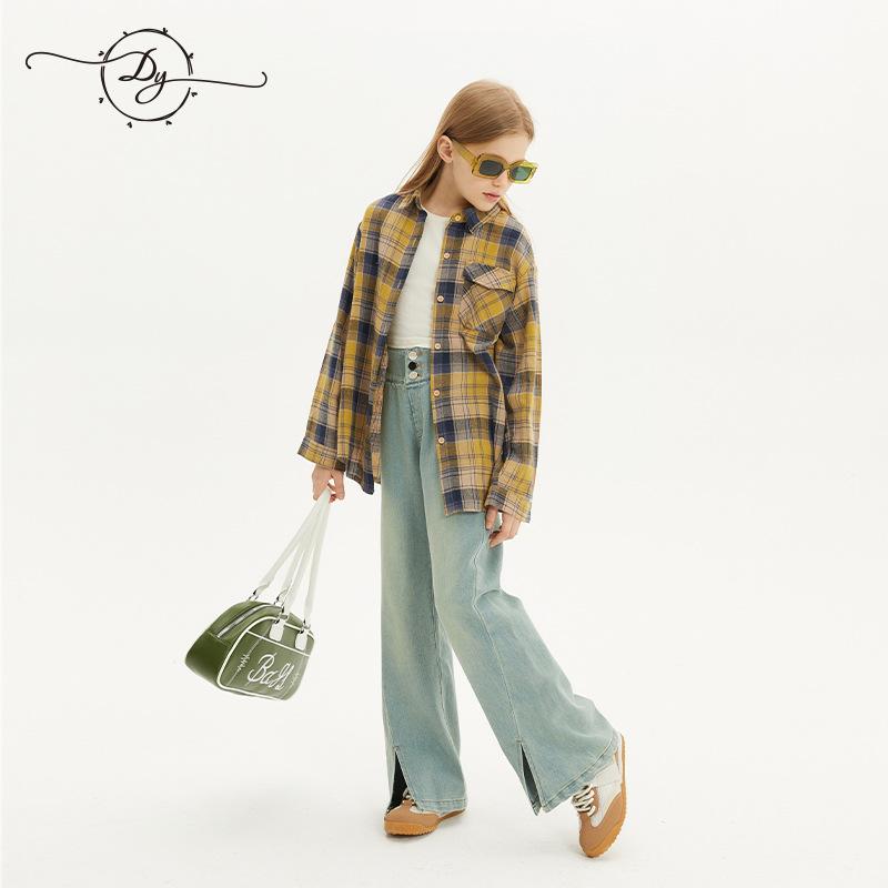 シャツ ガールズ キッズ 子供服 大童サイズ チェック柄 春物 長袖 翻領 コットン100% ゆったりシルエット カジュアルスタイル イエロー 120cm 130cm 140cm 150cm 160cm 170cm