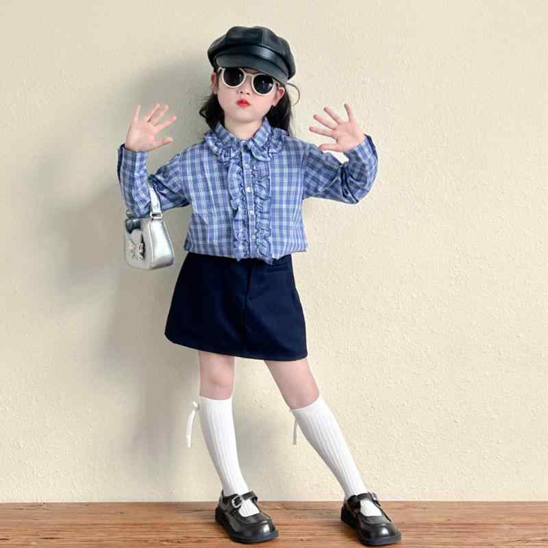 シャツ ガールズ 長袖 格子柄 春秋 子供服 韓国風 かわいい フリル 襟付き トップス 綿100% ブルー系 90cm 100cm 110cm 120cm 130cm 140cm