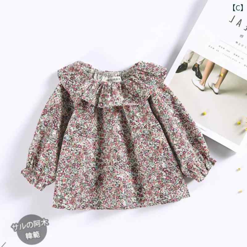 シャツ ベビー・キッズ 子供服 長袖ブラウス 小花柄 フリル襟 コットン 春秋 66cm 73cm 80cm 90cm かわいい おしゃれ 赤 ピンク系