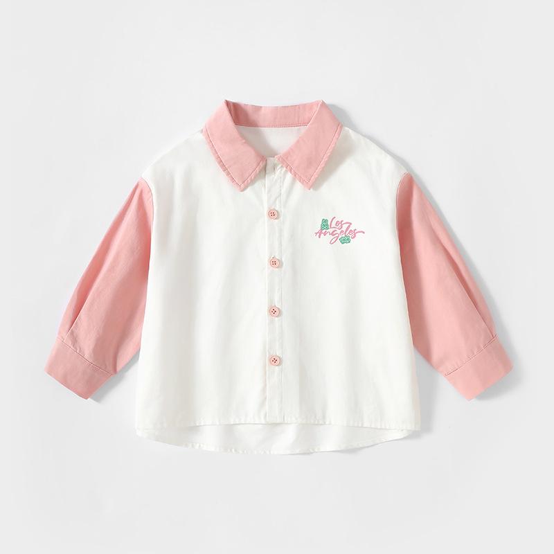シャツ キッズ 長袖 春秋 綿100% 子供服 ベビー服 女の子 男の子 襟付き トップス 配色 ピンク ブルーグリーン