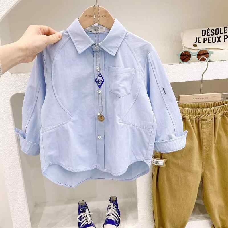 シャツ キッズ 男の子 長袖 春秋 ブラウス 子供 トップス 8歳以上 140cm以上 ブルー ホワイト 普段使い 通学着