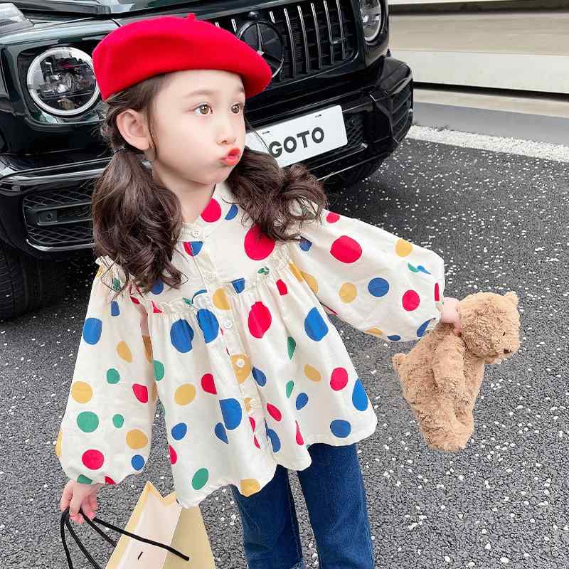 シャツ ガールズ 子供服 丸襟 水玉模様 春秋 かわいい 長袖 コットン