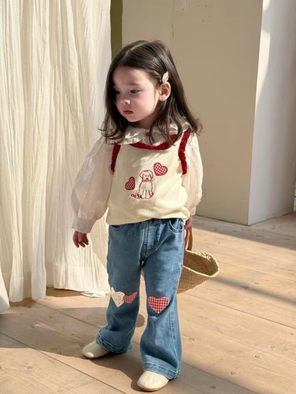 子供服 女の子 春秋 3点セット：チェック柄 シャツ + デニム ジーンズ + かわいい ハート柄 ベスト 柔らかい 幼児 普段着