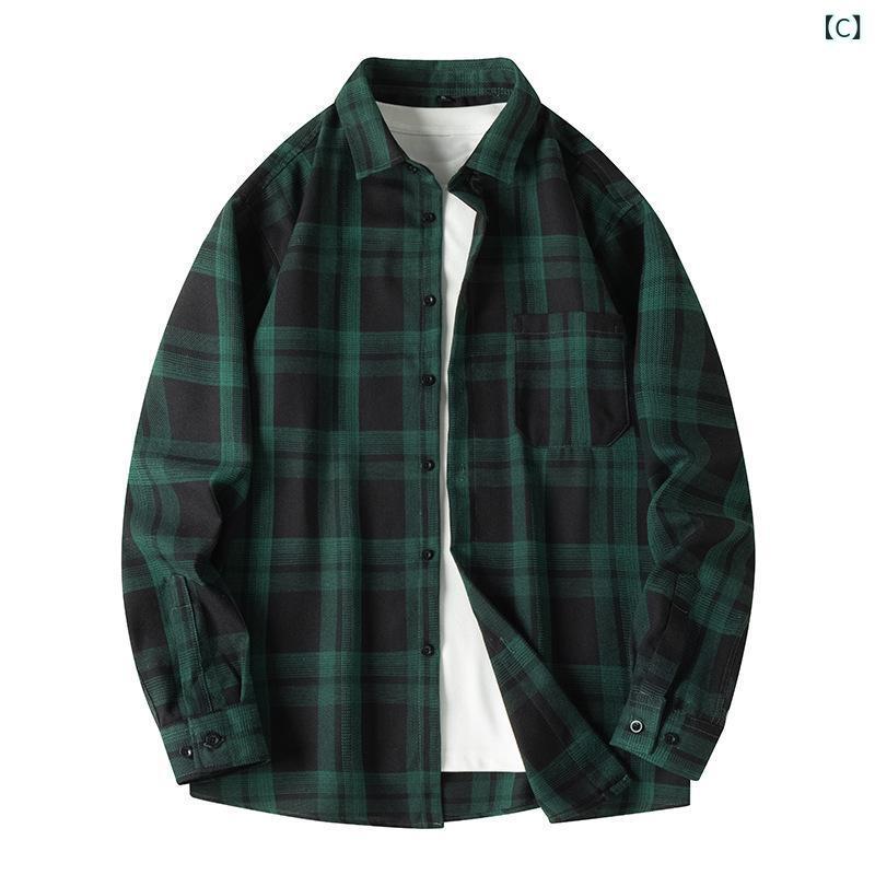 シャツ メンズ 男性用 長袖 格子柄 コットン ネルシャツ カジュアル トップス 春秋物 配色 M L XL XXL XXXL XXXXL レッド ネイビー カーキ ホワイト