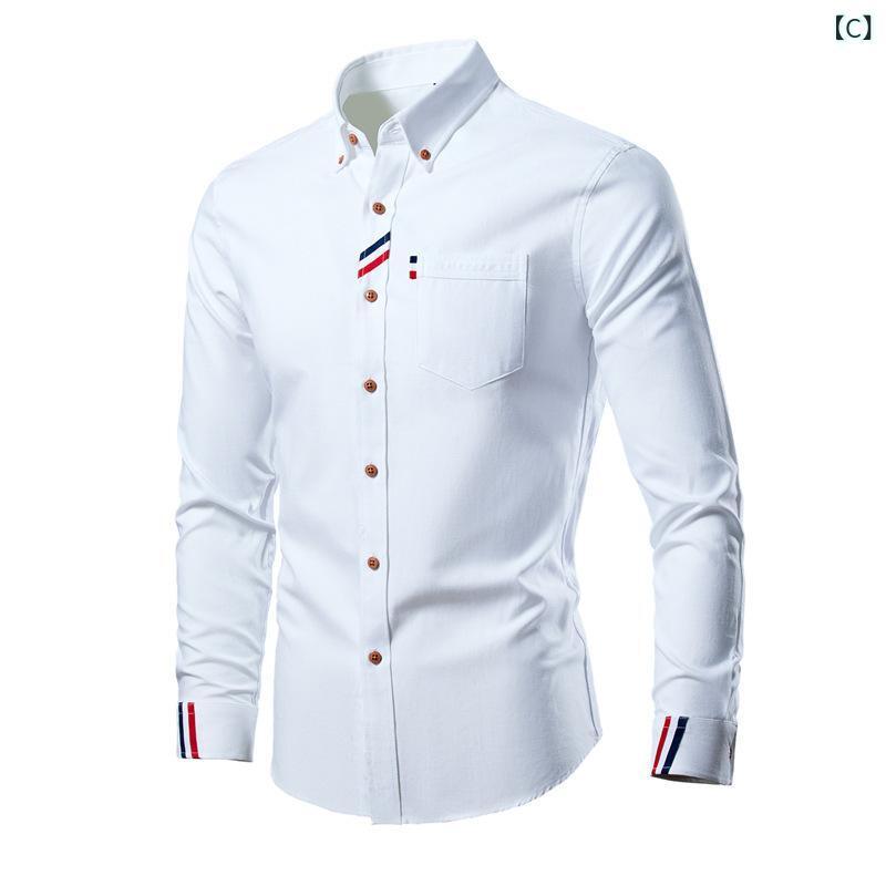 シャツ メンズ 長袖 コットンブレンド 襟付き スリム 春秋 カジュアル トップス 赤 紺 白 グレー 青 M L XL 2XL 3XL 4XL