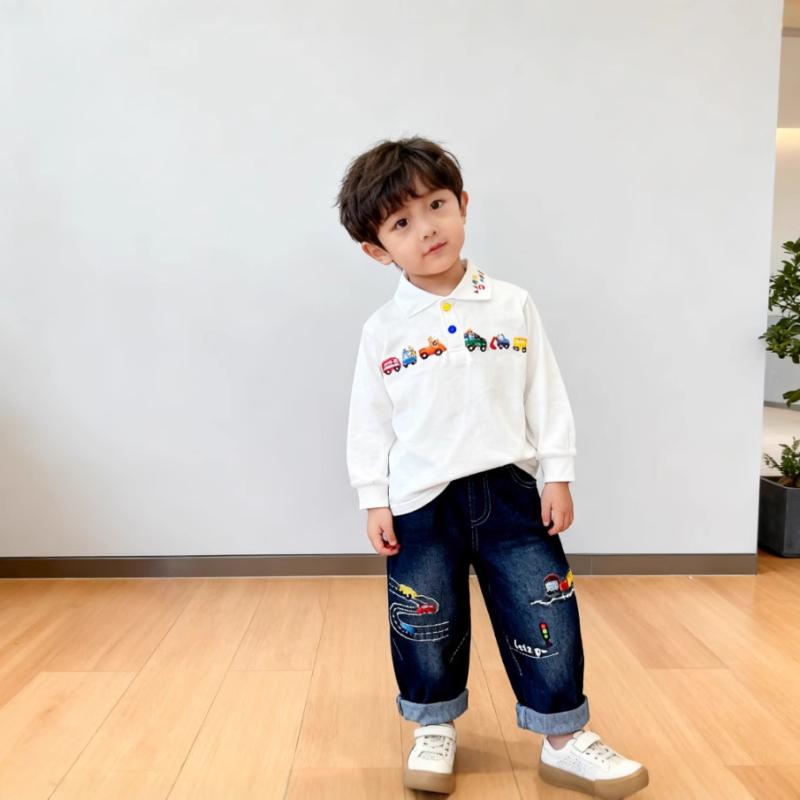 Tシャツ キッズ 男の子 長袖 カットソー 子供服 トップス 秋服 綿 吸湿速乾 自動車 刺繍 Polo襟 白 青 90cm 100cm 110cm 120cm 130cm