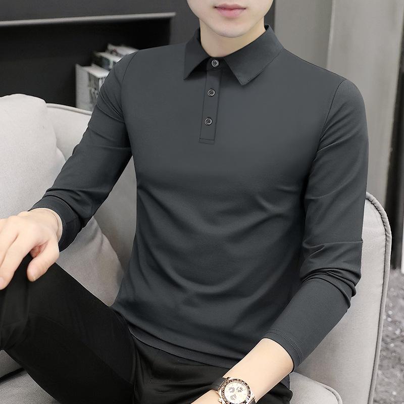 ポロシャツ メンズ 長袖 Tシャツ モダール カットソー スリムフィット 春秋 トップス 無地 黒 白 紺 グレー ブルー