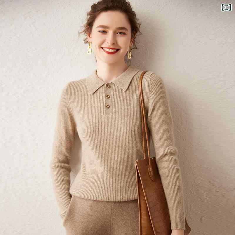 ニット レディース POLO襟 カシミヤ セーター トップス 長袖 スリムフィット 厚手 格子柄 ホワイト 青 浅い茶色 グレー