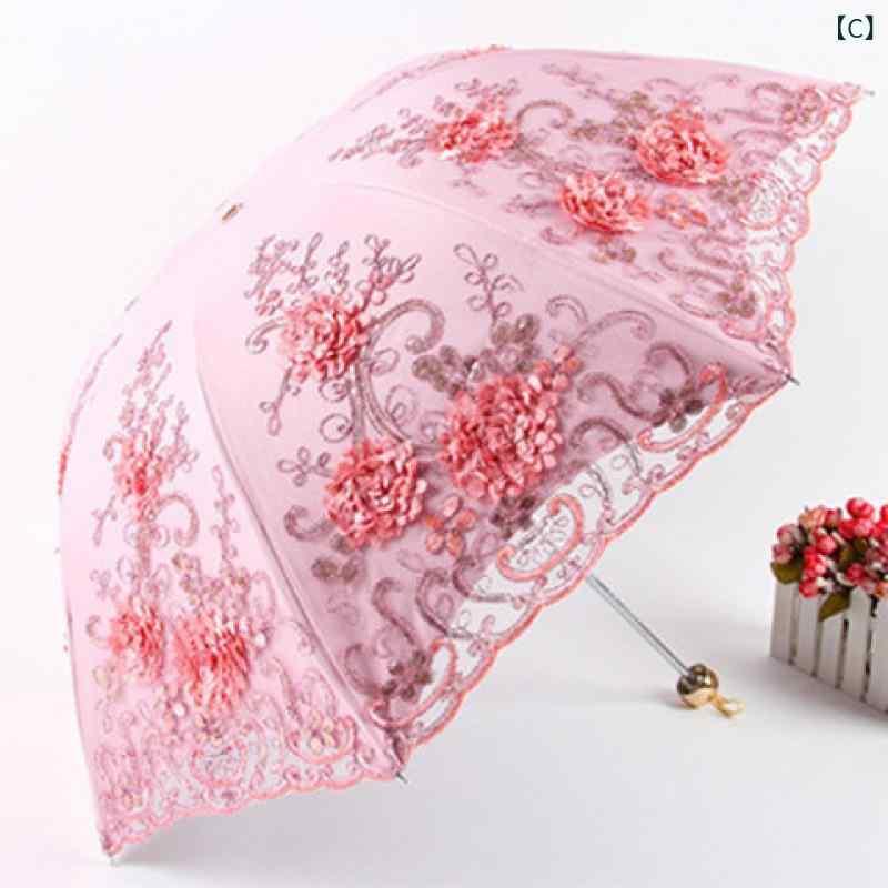日傘 レディース 晴雨兼用傘 折りたたみ傘 レース 刺繍 UVカット 紫外線対策 遮光 遮熱 プリンセス 手動 三つ折り 黄色 グレー ピンク 紫 グリーン ブルー 米色