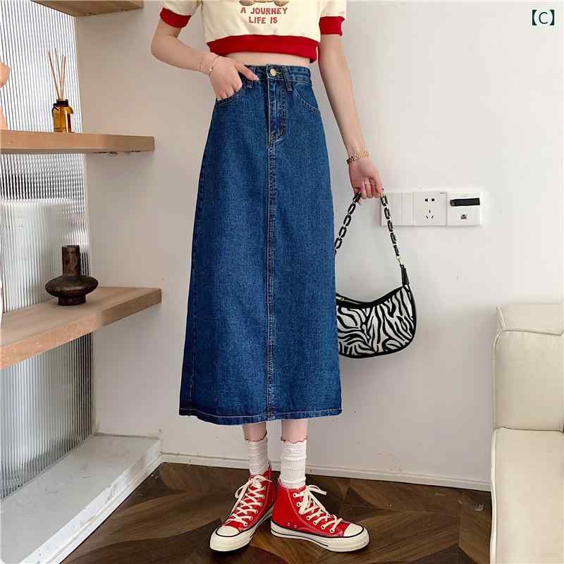 スカート レディース デニム Aラインスカート ロングスカート ハイウエスト 膝下丈 ミモレ丈 フレアスカート 婦人服 黒 ブルー系 コットン ポリエステル イギリス風