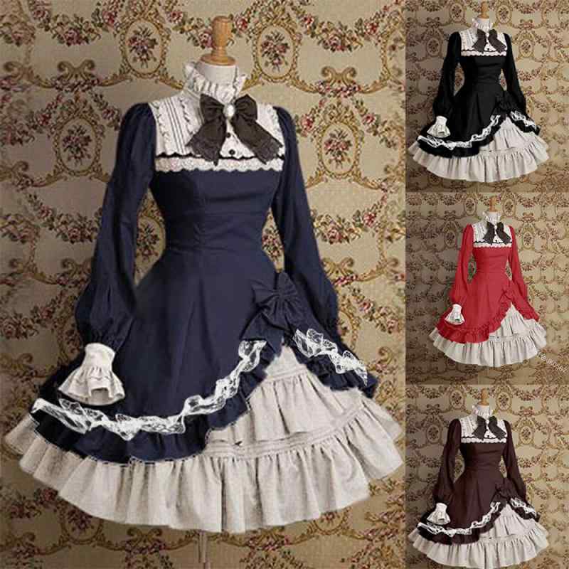 ワンピース レディース ロリータ 配色 リボン semi high neck フレア袖 ポリエステル 大判 スイング ミディドレス ワインレッド ブラウン ブラック ブルー