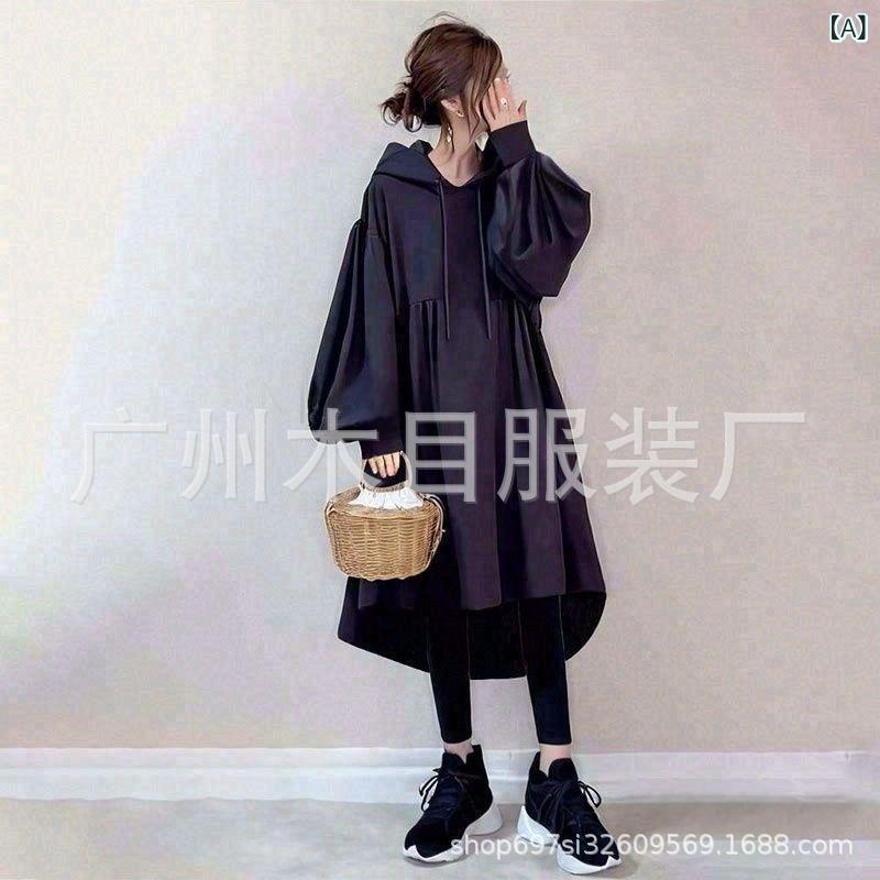 ワンピース レディース 日韓風 カジュアル 普段使い 部屋着 Aライン 膝丈 ?帽 パーカーワンピース ランタンスリーブ ポリエステル 黒 ブラック