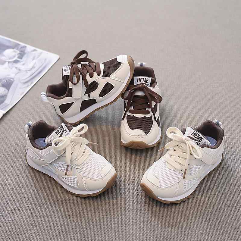 スニーカー キッズ 子供靴 男女兼用 ランニングシューズ 運動靴 メッシュ 通気性 滑り止め 屈曲性 耐摩耗性 春夏 米白 深棕