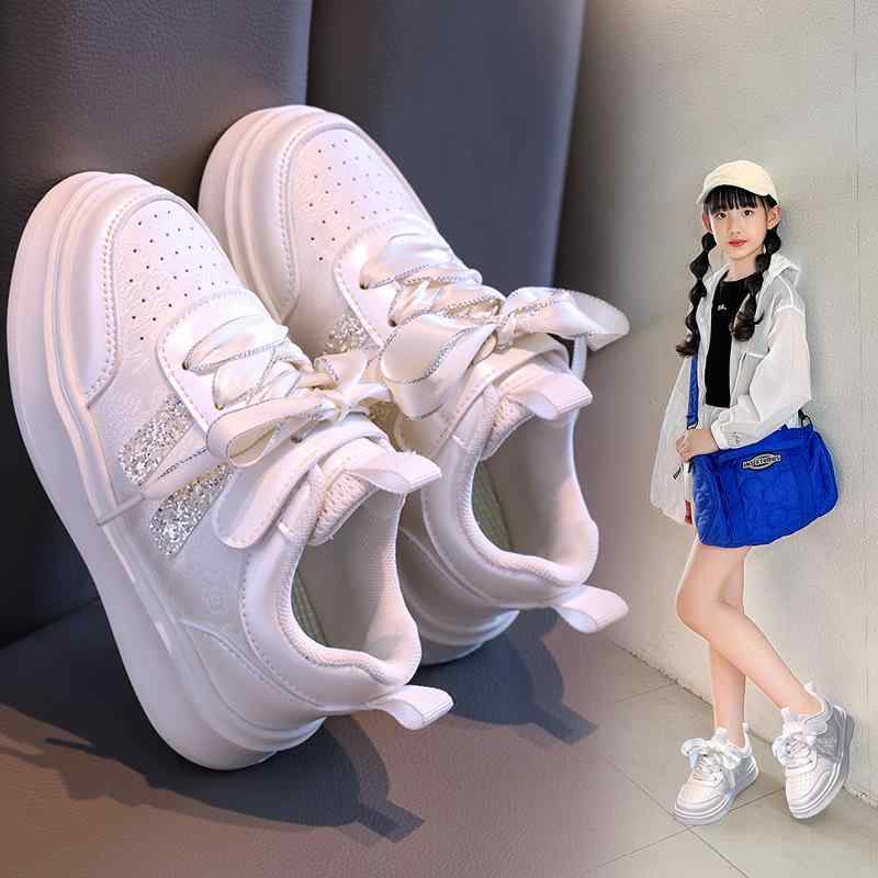 スニーカー キッズ 女の子 子供靴 小白鞋 運動靴 通学 普段使い 人工皮革 ゴム底 マジックテープ 7歳 8歳 9歳 10歳 11歳 12歳 ピンク系 シルバー ベージュ 秋