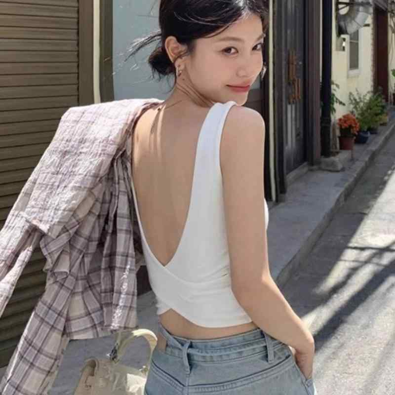 タンクトップ レディース 韓国風 セクシー クロスデザイン 背中見せ スリムフィット パッド付き トップス 白 黒 グレー 普段使い デート