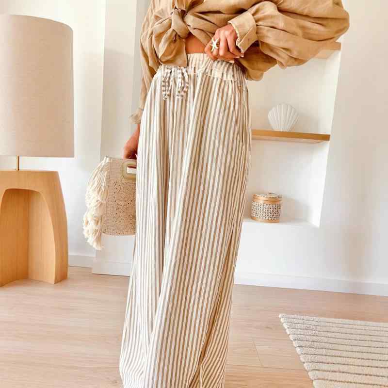 パンツ レディース ストライプ柄 ワイドレッグパンツ ポリエステル ゆったり ゴムウエスト 薄手 カ Casual Styles カーキ色 ブルー ブラック レッド S M L XL XXL