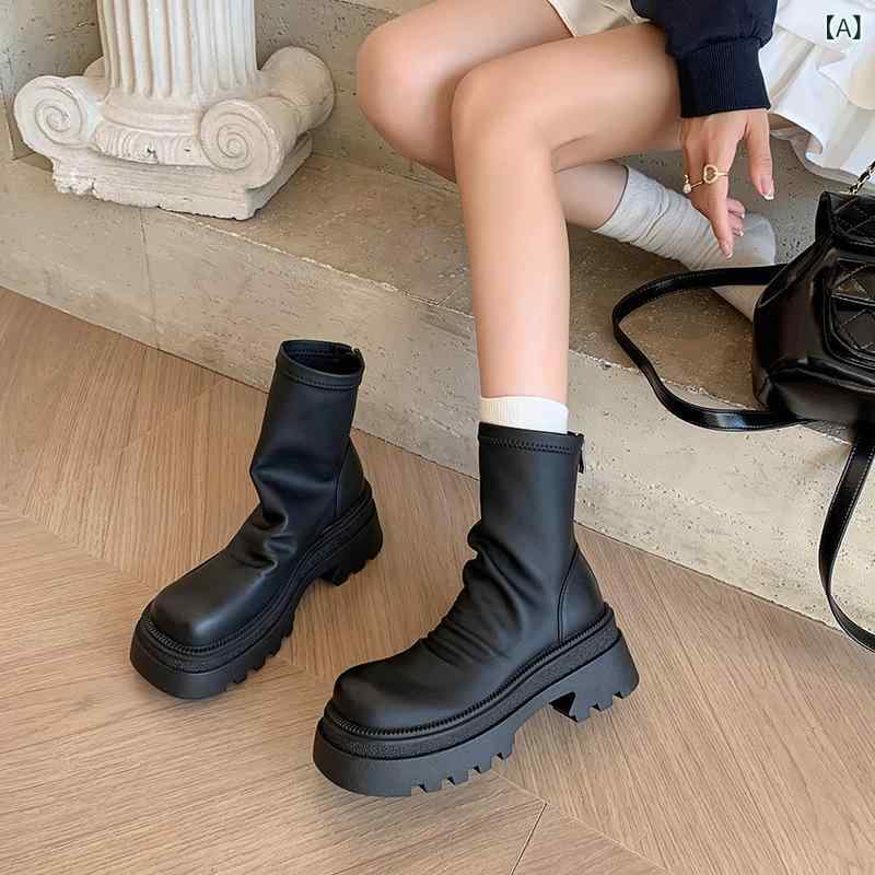 ブーツ レディース ショートブーツ 厚底 ストレッチ 伸縮性 履きやすい 歩きやすい 疲れない 高ヒール チャンキーヒール ラウンドトゥ プルオン 屈曲性 黒 ブラック 茶色 ブラウン 春夏秋冬