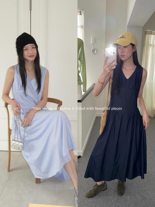 ワンピース 女性用 夏 Vネック 無袖 背心 タイプ 吊り帯 ロング丈 法式 スタイル 収腰 デザイン 切り替え ディテール 純色 快適 軽量 接触冷感 素材 白 イエロー デニムブルー ライトブルー 日韓 カジュアル 普段使い ゆったり フィット シル|トミーショップ 店