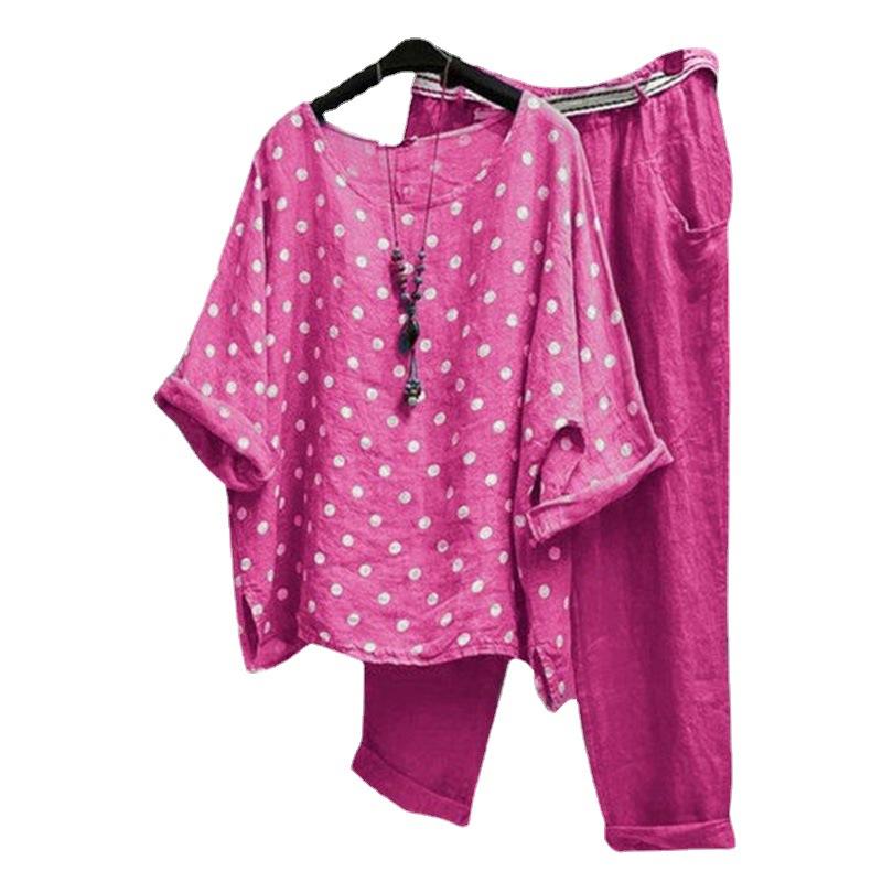 レディース セットアップ トップス ロングパンツ ポルカドット プリント 切り替え デザイン 接触冷感 ポリエステル 素材 伸縮性 軽量 5分袖 インサートスリーブ ハイウエスト 気質 エレガント 通勤 普段使い かわいい ファッション イエロー グレー(x5)
