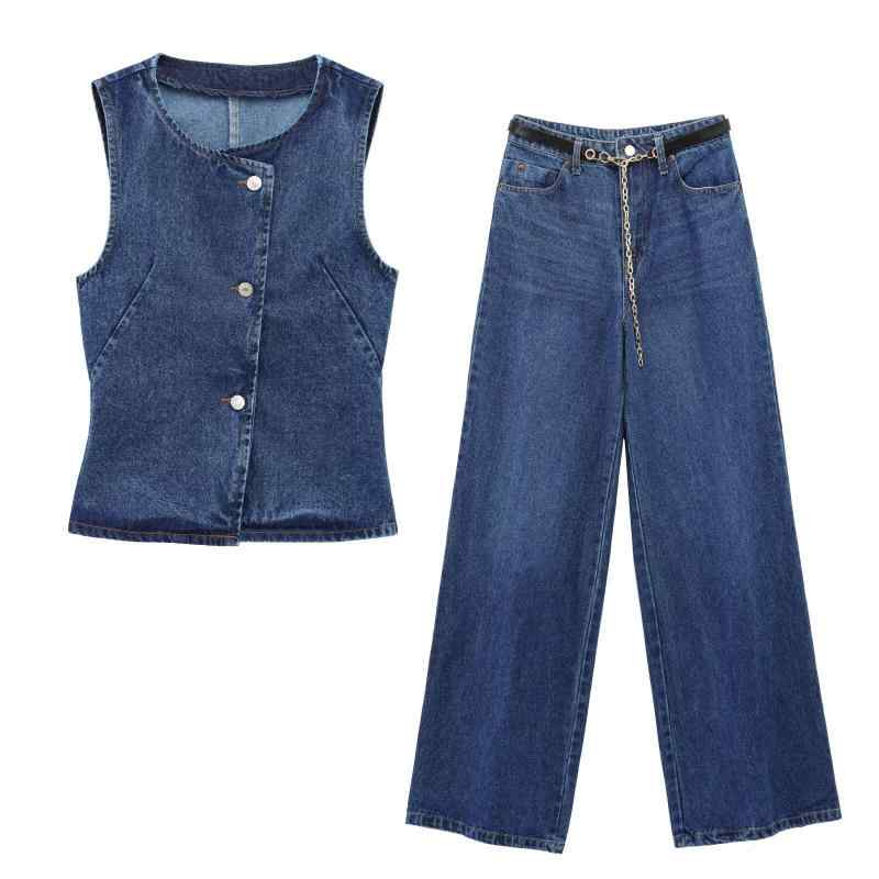 レディース 牛仔 デニム 無袖 ベスト トップス セット ミドルウエスト ワイドレッグ ロングパンツ デニムパンツ 気質 通勤 スタイル 都市風 快適 休日スタイル 切り替え デザイン 3D 立体 プリント パターン ポリエステル 混紡 ストレッチ 素材