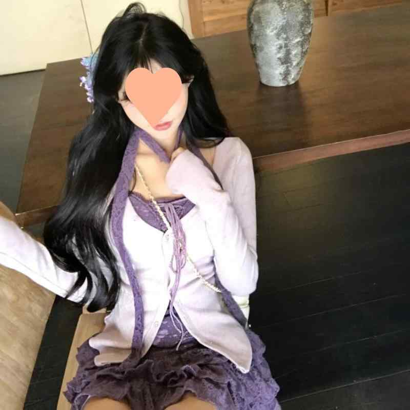 レディース 春夏 ニット 開きカーディガン 半身スカート セット 紫色 気質 通勤 都市風 長袖 ふんわり袖 ロングスカート ポリエステル 切り替え スリムライン デザイン感 軽量 伸縮性 かわいい 普段使い 女性用 トップス ボトムス セットアップ コ