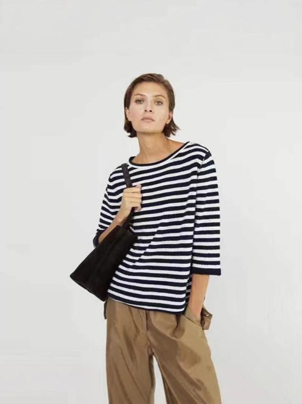 ニット トップス 女性用 秋冬 羊毛 接触冷感 丸首 七分袖 ストライプ 切り替え ゆったり シルエット 気質 通勤 スタイル 単品 セットアップ 深紺 ストライプ コットン 混紡 中厚 手洗い 可能 伸縮性 柔軟 素材 デイリー ウェア レイヤード 対