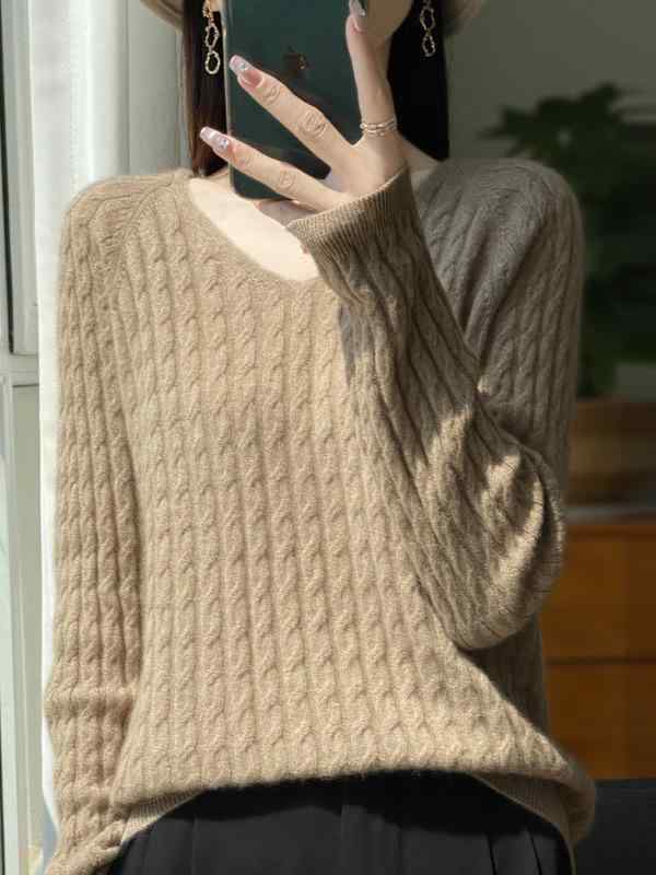 秋冬 編み物スウェーター 成人女性用 ゆったり ルーズフィット V素っ首 長袖 絨毛原材料 肌付き トップス 有線テレビ編み物 ひな型 単色 綿織物混 生あたたかい 人となり 日常 秋冬 コージ セットインスリーブ 真っただ中丈 ベージュ 駱駝 ともし火青み 赤銅色 ア