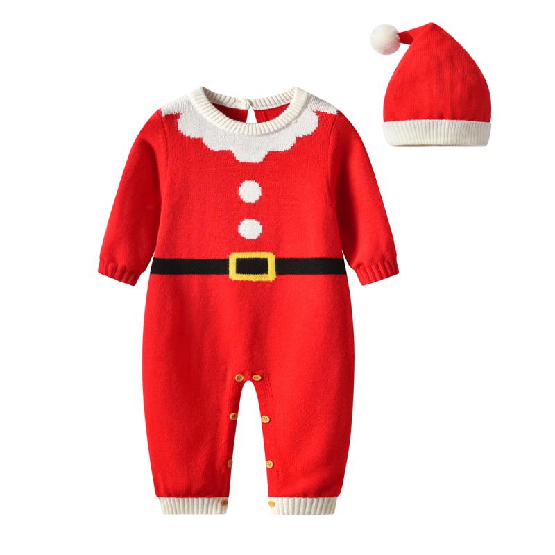 ベビー服 長袖ロンパース ニット帽子付き クリスマス サンタクロース 新生児 赤ちゃん 男の子 女の子 秋冬 撮影 記念