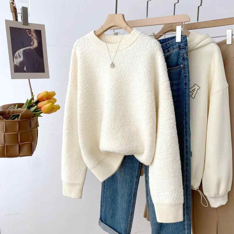 秋冬 メンズ ニット セーター トップス 羊毛 100% 素材 厚手 切り替え リブ デザイン ワイド シルエット ゆったり ルーズ フィット 長袖 丸首 ロング 丈 普通丈 米白 ベージュ ブラック カラー 韓国風 韓国スタイル 日韓 カジュアル 普段