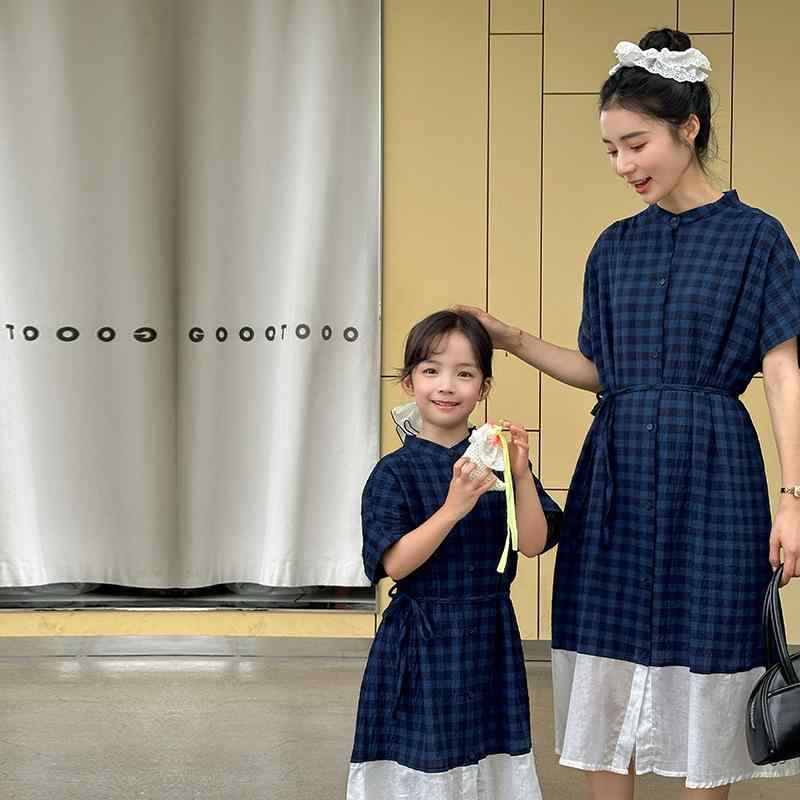 ワンピース レディース 親子コーデ 学院風 格子柄 シャツワンピース 切り替え リゾート風 綿100% ファミリーコーデ 春夏