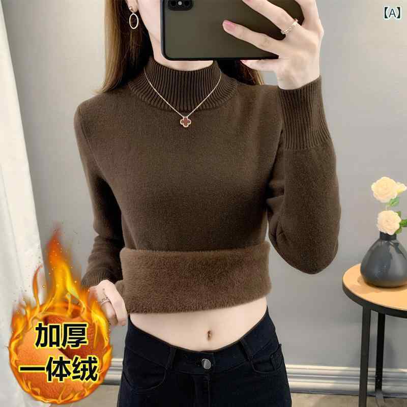 ニット トップス レディース 秋冬 長袖 半高領 タートルネック セットインスリーブ 超厚手 保暖 修身 気質 通勤風 単品 包芯紗 素材 純色 コーヒーブラウン ホワイト ブラック グレー ルビーレッド オートミール アイボリー 普通丈 50cmから6