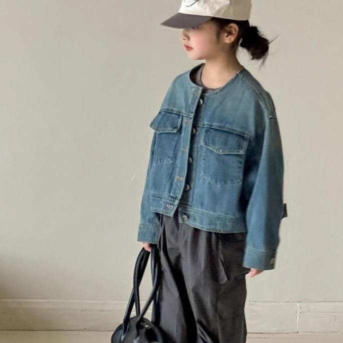 お子さん服 上衣 お姉さん ジーンズ 時間 ラウンドのど首 上衣 韓国風 心地好い トップス 長袖 薄っぺら 短かめ丈 アウター 青色 110糎 120糎 130糎 140糎 150糎 160糎 レディースファッション-コート・ジャケット