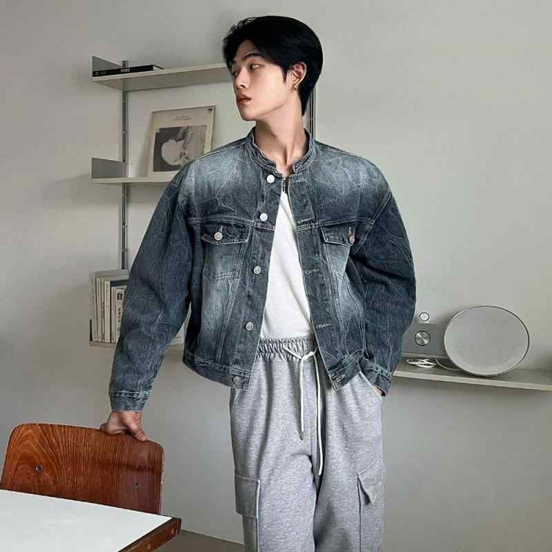 ジャケット 男性用 デニム 春物 ルーズ 立襟 ブルゾン 韓国風 普段使い ウォッシュ加工 コットン ブルー M L XL 2XL