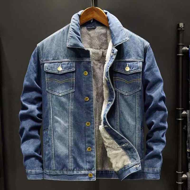 ジャケット 男性用 デニム 裏起毛 厚手 ブルゾン ルーズフィット ワークウェア 長袖 無地 秋冬 ブルー