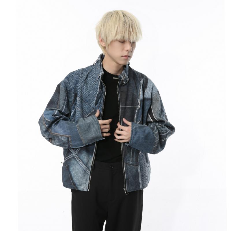 ジャケット メンズ 男性用 デニム 立襟 コットン 撞色 切り替え 春物 ブルゾン アウター カジュアル 普段使い