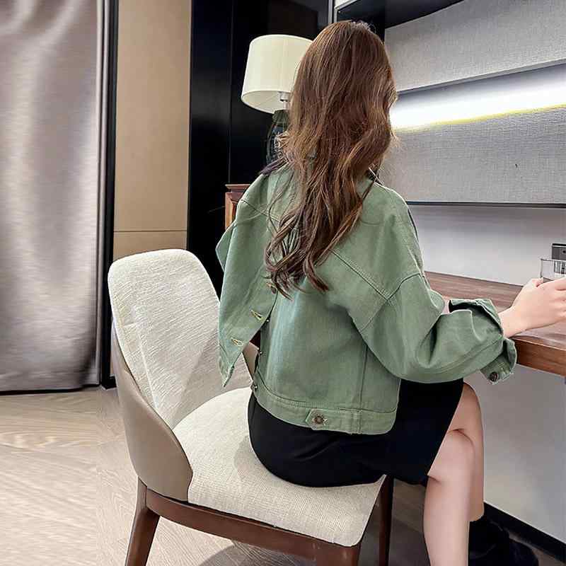 デニムジャケット レディース 韓国風 ミリタリーグリーン ゆったり アウター トップス ブルゾン ジャンパー 上着 綿 秋