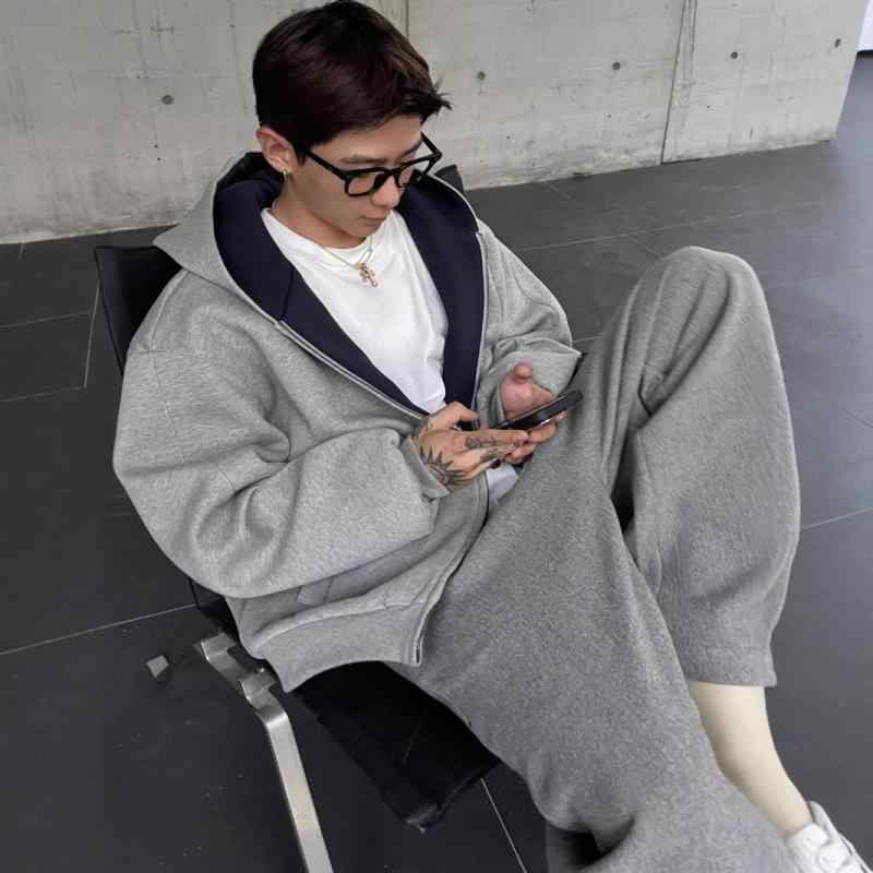 パーカー メンズ 男性用 長袖 トップス プルオーバー フード付き ダブルジップ 無地 ゆったり ポリエステル 部屋着 普段使い カジュアル ストリート系 スポーティー 春秋 灰色 黒