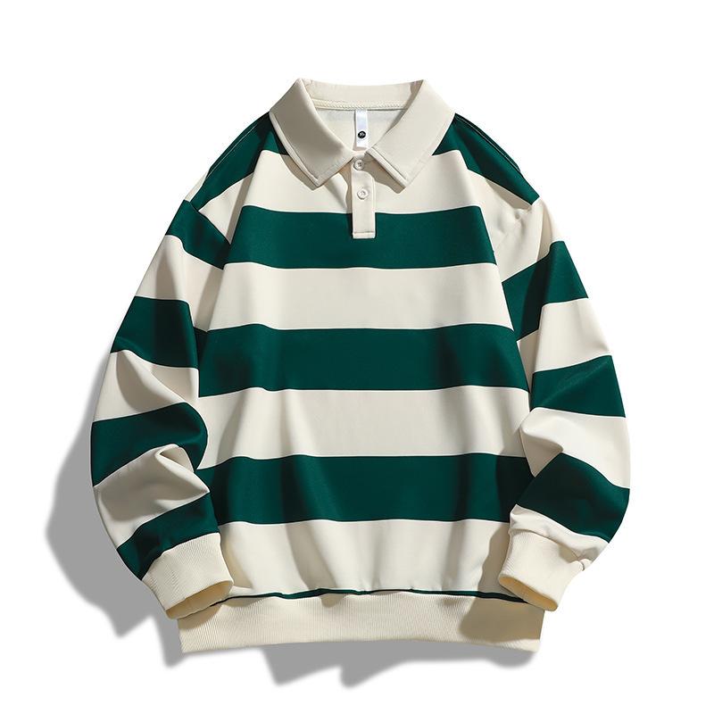 Tシャツ 男性用 長袖 春物 ストライプ柄 襟付き 薄手 プルオーバー ゆったり 韓国風 ポリエステル 普段使い